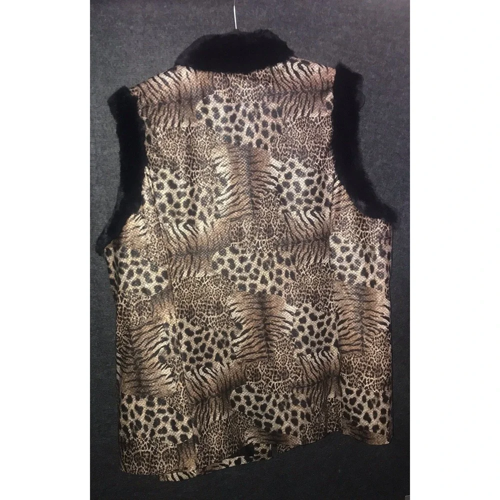 Bob Mackie Vest Zip Wearable Art Brown Safari Animal Print Black Faux Fur Trim - Picture 7 of 11